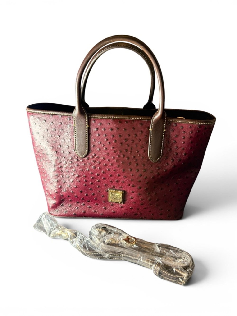 Dooney & Bourke Ostrich Embossed Leather Tote Burgundy Brown Shoulder Bag